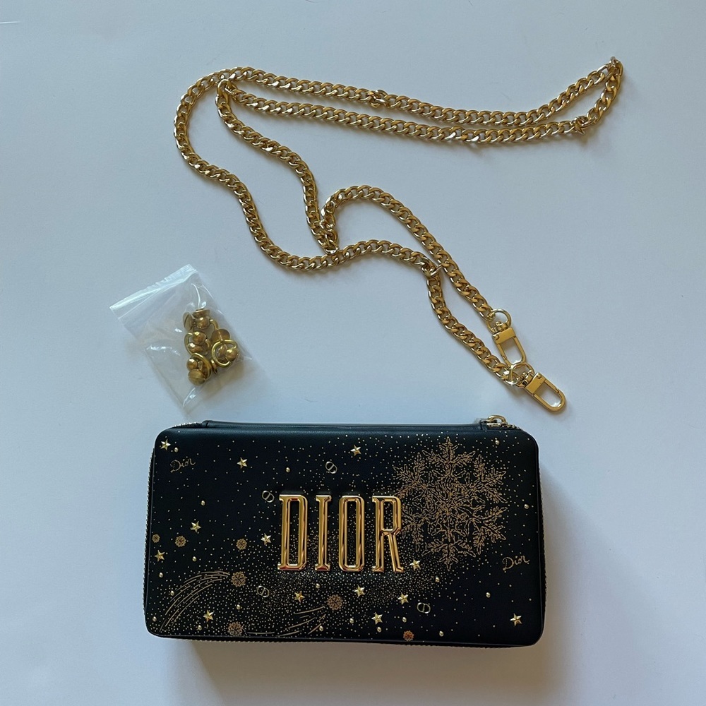 Dior Black & Gold Starry Leather Clutch with Chain
